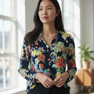 Lauren Ralph Lauren Navy Floral V-Neck Blouse Long Sleeve Med Preppy Boho Chic